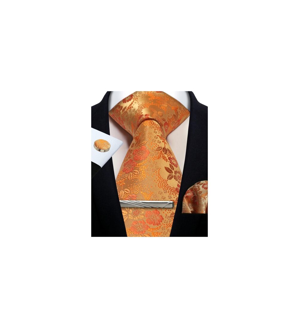 4452 Floral Orange Yellow Tie Formal Necktie Pocket Squares Ties Clips